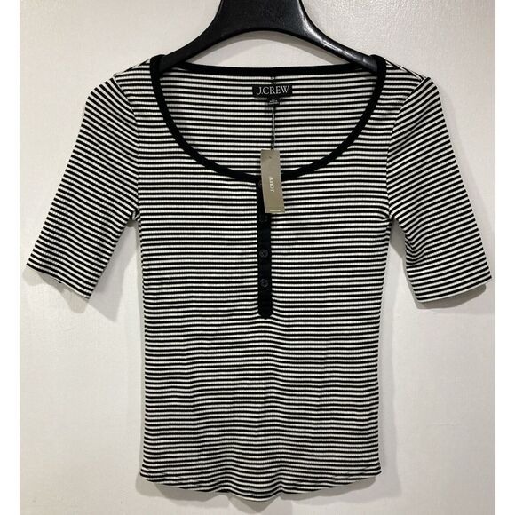 J. Crew Tops - J. Crew Black White Striped Shirt 3/4 Sleeves Scoop Neck Size XS‎ NWT BT683
